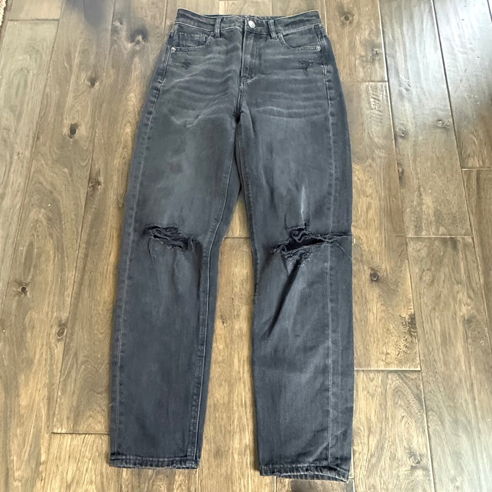 American Eagle Mom Jeans Womens 0 Black Excellent Distressed High Rise Ripped